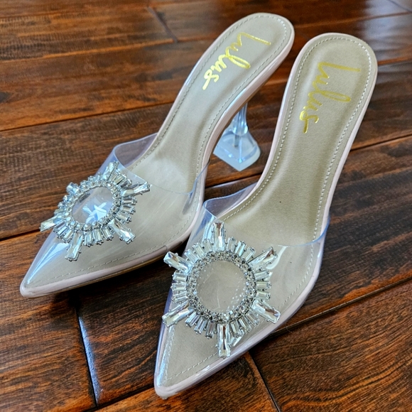Lulu's Clear Pointed Mule Heels with Crystal Sunburst Accent - Picture 3 of 5